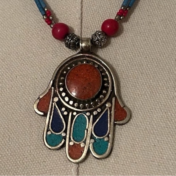 HANDMADE TIBETAN CORAL, TURQUOISE, & LAPIS HAMSA NECKLACE - Picture 2 of 5